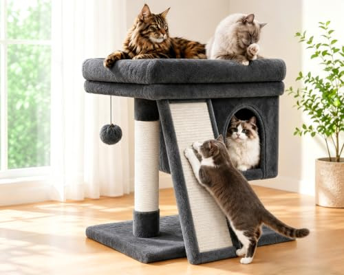 Kratzbaum Klein für Große Katzen, XL Liegemulde 54x42cm, Katzenkratzbaum mit Selbstheizender Decke (Waschbar), Stabiler Kletterbaum mit Kratzbrett, Höhle & Reinigungsbürste, Grau