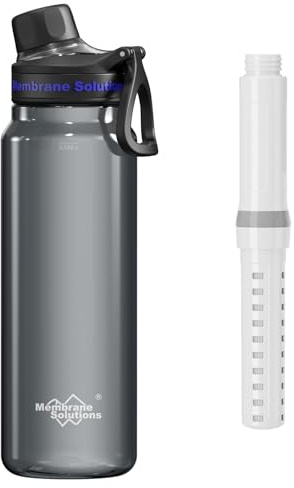 Membrane Solutions Gourde filtrante eau survie, 1L avec cartouche filtrante ACF et UF, capacité de 4000 L, Précision de 0,1 μm, élimine 99,9999% des E.Coli, sans BPA, Camping, Voyage, Gris