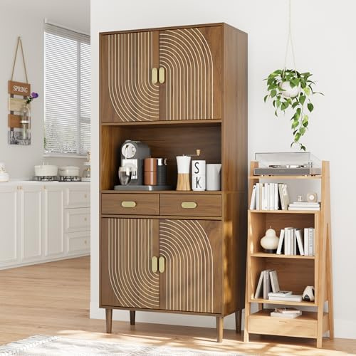 Smart FENDEE 70.87 Tall Kitchen Pantry Cabinet with Line Grooved Doors & 4-Compartment Top, Storage Cupboard with 2 Drawers, Adjustable Shelves & Gold Handles for Dining Room, Bathroom, Walnut