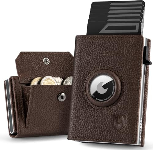 DODENSHA Pebble Airtag 2 Wallet mit XL Münzfach I MagSnap Smart Airtag Wallet I Kartenetui für 10+ Karten I Geldbörse mit RFID Schutz I Portmonee Herren I Braun Silber