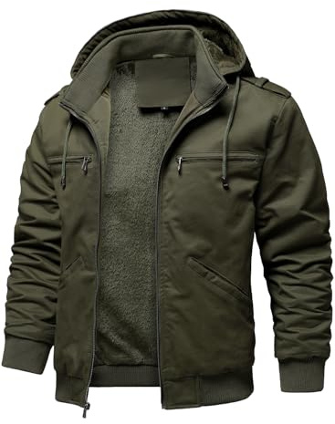 HOOD CREW Men’s Winter Jackets With Multi Pockets Cotton Thick Warm Fleece Lined Coat Hooded Work Cargo Jackets for Men Armygreen L