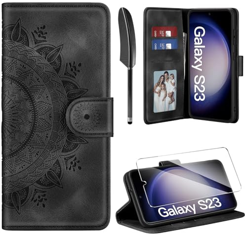 ivencase Lederhülle für Samsung Galaxy s23 5G Hülle und Schutzfolie, Premium Klappbar Handyhülle Flip Wallet, [Kartenfach] [PU Leder] [Ständer] Schutzhülle Kompatibel mit Samsung s23 5G, Schwarz