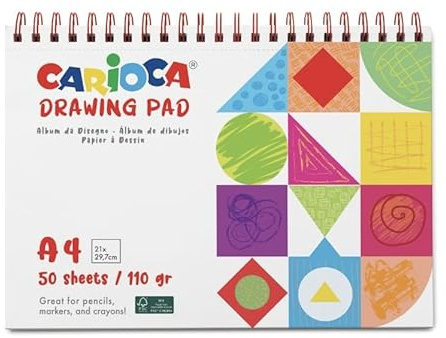 CARIOCA - Bloc Dibujo A4, 110 g, 50 Hojas | Bloc de Dibujo Escolar Tamaño A4 con 50 Hojas, Gramaje de 110 g para Lápices y Rotuladores, Bordes Pre-Cortados Fáciles