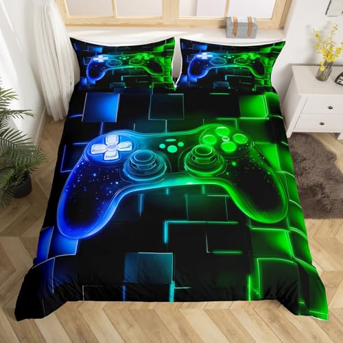 Homewish Housse de Couette Garcon Gaming, Parure de Lit 220x240 Enfant Gamer Néon, Sets de Housses de Couettes Grille Géométrique Carrée, Couvre Lit Manette de Jeux Vidéo Galaxie, Vert et Bleu