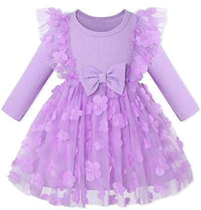 Amissz Abito da bambina da principessa, vestito da festa per bambini, a maniche lunghe, per matrimoni, feste, damigelle, in pizzo, per compleanno, 2-8 anni, Lilla, 3-4 Anni