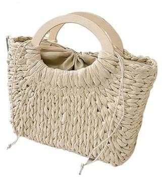WJLYDM trähandtag korgväska papper vävda kvinnor handväskor handgjorda sommar strand väska semester plånböcker, Beige, Einheitsgröße