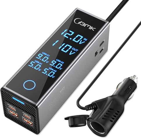 300W Car Power Inverter 12V DC to 110V AC Outlet Adapter 4 Fast USB Ports with PD 36W QC3.0 LCD Voltage Display Stackable Design for Laptop CPAP Road Trip Essentials