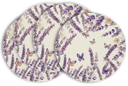 Artoid Mode Lila Blumen Lavendel Schmetterling Frühling 4er Set Platzsets, 37cm Küche Tisch Dekoration Drinnen Urlaub Party Dekor