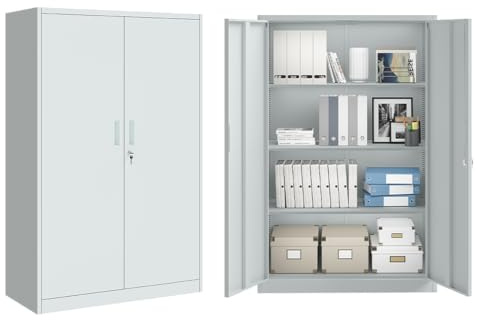STEELSØN Regulus Metallschrank abschließbar – Stahlschrank mit 4 Ebenen – Werkzeugschrank mit Doppeltüren Grau – Werkstattschrank mit verstellbaren Ablagen – Aktenschrank/Büroschrank Metall