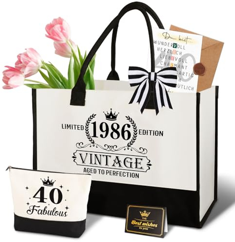 Giftota 40. Geburtstag Geschenk Frau – Vintage 1986 Canvas Einkaufstasche Tragetasche & Kosmetiktasche Set mit Grußkarte – 40. Geburtstagsgeschenk für Mama, Freundin, Kollegin oder Schwester