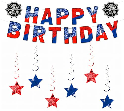 21Pcs Spider Theme Birthday Banners, Birthday Decorations for Boys, Double-Sided Printed Decorations for Spiderman Party, Cartoon Spider Web Party Decor, Party Decoration for Boys and Girls
