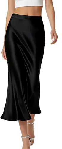 BEAUTYZIN Women's Elegant Satin Skirt Long Silk High Waist Flared Cocktail Party Wedding Office Fishtail Midi Skirts Small Black
