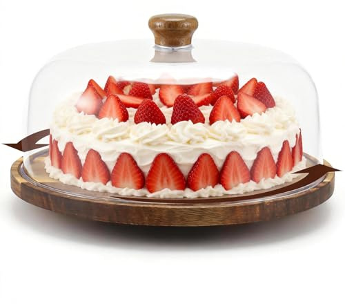 Micvtve Cake Stand with Acrylic Dome Lid Rustic Wooden Cake Plate with Pedestal, Food serving Platter, Cheese Board, Acrylic Cover Shatterproof for Baking Gifts, Birthday (360°Rotatable)