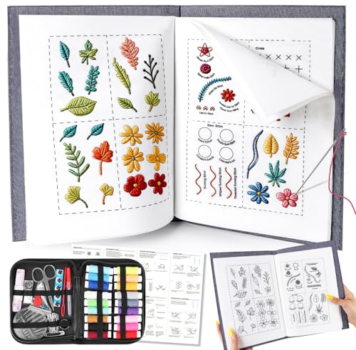 Embroidery Kit Stitch Book Stickbuch zum Selber Sticken Lernen Buch Diy-Stichbücher-Set Erwachsene für Anfänger mit Stichanleitung Nähwerkzeugen für Hobby Basteln Familie Stricken Weben (Set C-1)