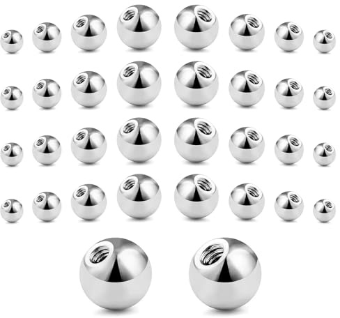 MNYXIS 32 Pezzi palline di Ricambio per Piercing in Acciaio Chirurgico, Sfere Internamente Filettate 14G (1.6mm) e 16G (1.2mm), Argento, Accessori per Labbro Orecchio Sopracciglia, piercing capezzolo