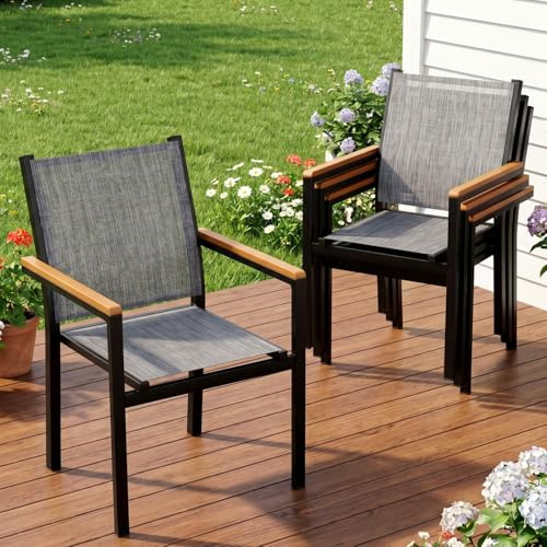 LIFERUN Gartenstuhl Aluminium 4er Set, Stapelbarer Esszimmerstuhl Textilene, WPC Handlauf, Balkonstühle, für Terrasse, Balkon, Terrasse, Pool, Restaurants, Wetterfest, 4 PCS, Leinengrau