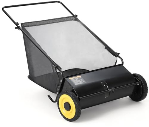 ZoomBuggy Balayeuse à Gazon Manuelle Capacité 99 L, Largeur 54 cm, Ramasseur de Feuilles et d'Herbes avec Sac Collecteur, 4 Brosses Renforcées, Structure en Acier, Noir et Jeune