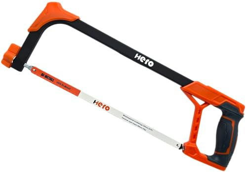 HERO Bügelsäge 300 mm mit HSS Bi-Metall-Sägeblatt 24 TPI – Metallsäge für Stahl, Aluminium, Kupfer und Kunststoff – Verstellbarer Schnittwinkel 0°/90° – Ergonomischer Softgrip-Handgriff