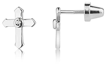 Precious Pieces Children's First Communion, Baptism or Christening .925 Sterling Silver Cross Screw back Earrings with CZ