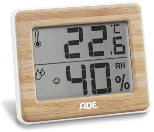 ADE Thermo-hygromètre numérique avec du vrai bambou. Thermomètre avec affichage précis de la température, Hygromètre pour indicateur d'humidité et zone de confort, écran LCD