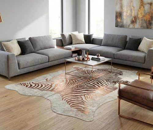Premium Kuhfell Teppich Grau mit Zebra Kupfer Prägung XL 230 x 200 cm – Echtes Rinderfell aus Südamerika, Metallic Zebra Print, Handverlesenes Unikat, Kurzhaar Fellteppich für Wohnzimmer & Büro