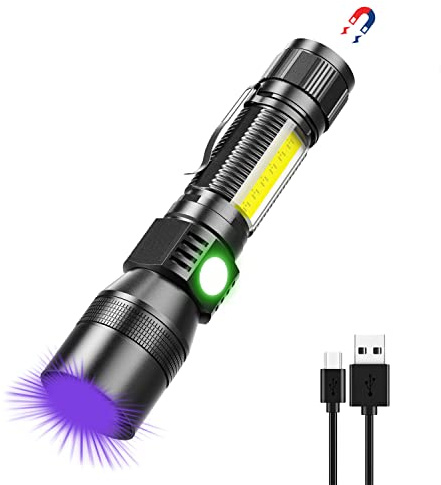 Spriak UV Flashlight Black Light, USB Rechargeable Flashlight with Magnetic Base - High Light, Side Light, 7 Modes, Zoomable, Waterproof – LED Torch for Mechanics Pet Urine Stains Detection (1)