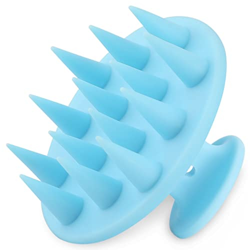 FReatech Actualizado Masajeador Cuero Cabelludo con Cerdas Largas y Rígidas, Cepillo de Champú SIlicone Integrado para Exfoliar y Masajear la Cabeza, para Cabello Largo, Grueso y Rizado, Azul Claro