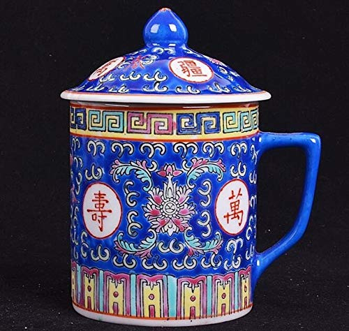 AIDEMEI Tasse en porcelaine bleue et blanche en céramique traditionnelle chinoise Jingdezhen tasse à thé rouge/bleu/jaune avec couvercle 300 ml