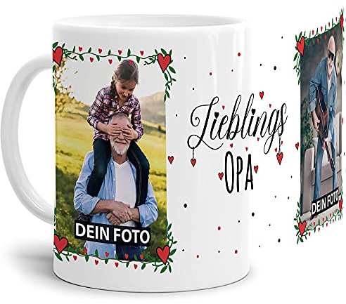 Tasse - Lieblings-Opa - zum selbst Gestalten mit zwei Fotos - personalisierbare Fototasse für Opa aus Keramik, Weiß, 300 ml