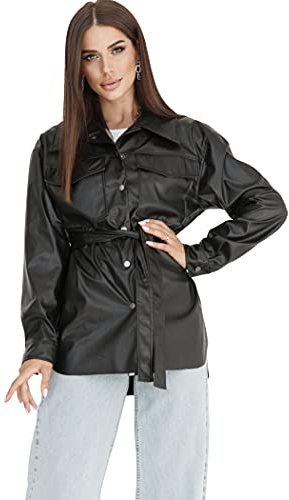 Selente #Fashionista Giacca/Camicia Donna in Similpelle/Jeans, MOD. 3 Nero Cintura, 3XL