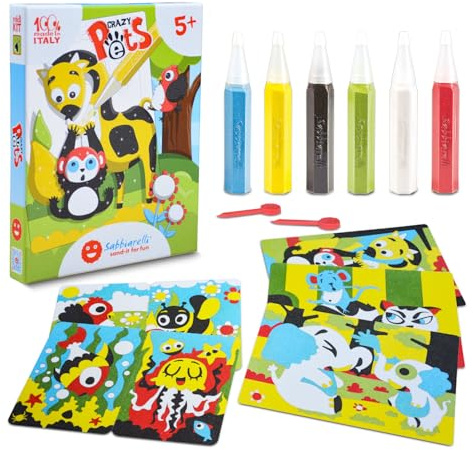 Sabbiarelli Sand-it For Fun - Kit Crazy Pets, Kreativt Sand Art-Set för Barn 5+: 6 Pennor med Färgad Sand och 5 Självhäftande A5-Blad med 7 Djurmotiv, Kreativt Pyssel, Presentidé