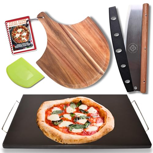 Avancerad pizzasten för ugn och grill – non-stick sten med keramisk beläggning som är lätt att rengöra, pizzaspade och pizzahjul, avtagbart serveringshandtag, tillbehör