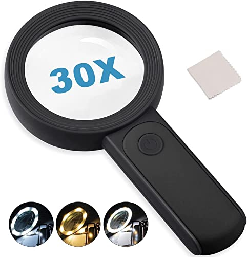 Loupe avec 18 lumières LED, Double lentille de Verre 30x, loupe de Lecture éclairée de Poche pour Les Personnes âgées, pour la Lecture, Les pièces de Monnaie, Les Timbres, Les Cartes, l'inspection