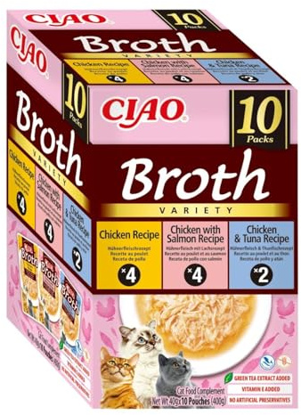 INABA Ciao Broth Gatos - Receta Saludable de Caldo de Pollo, 3 Sabores Diferentes - Comida Húmeda con Tiras de Pollo, Salmón y Atún - Natural, sin Cereales - 400g (10 Sobres x 40g)