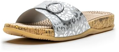 Revs - Katrine - Women’s Single Strap Reflexology Massage Sandals, Silver Cheetah US9