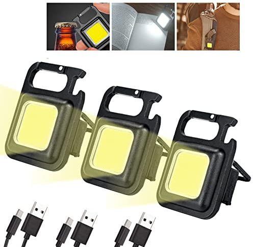 Mini LED Flashlight Torch, COB Rechargeable Keychain Small Flash Light 1000 Lumen, Portable Pocket Light 4 Light Modes Waterproof Keyring Torch for Workshop, Auto, Repairing, Outdoor Emergency, 3 Pack