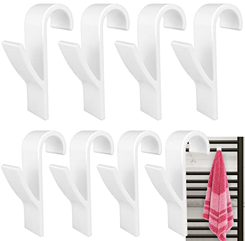 Realure 8pcs White Radiator Towel Hooks, No Drill Towel Rail Clips | Fits up to 25mm radiator rails. Removable ABS hooks for towels, robes and clothes in bathroom, kitchen and utility rooms.