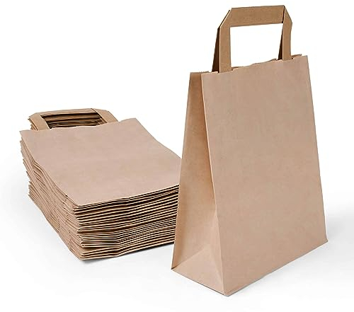 Inoverse 250 Stück Papiertragetaschen, Geschenktüten, 18+08x22 cm Papiertüten mit Henkel, Braun Kraftpapier Tüten, Papier Tragetasche, Papiertaschen, Papiertüten Klein