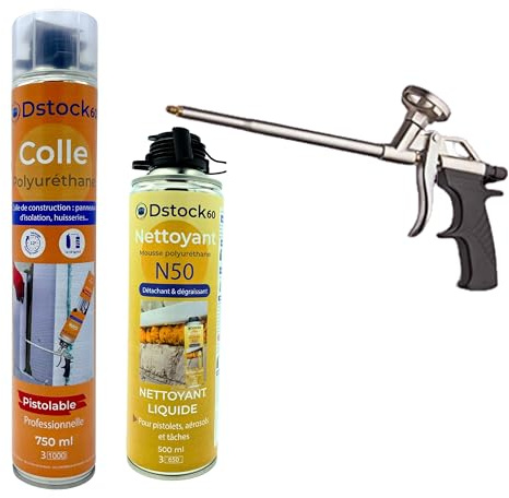 DSTOCK60 – Lote de 1 pegamento de montaje de poliuretano + 1 pistola + 1 limpiador de espuma de poliuretano de baja expansión para pegar paneles aislantes, rodillos de betún, uisseries