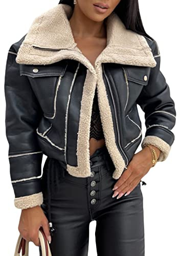 FeMereina Women Faux Suede Leather Jacket Motorcycle Biker Sherpa-Lined Coat Fur Collar Winter Aviator Leather Coat Bomber Jacket (Black, L)