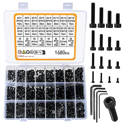 Set assortimento di bulloni a testa esagonale, dadi e rondelle, 1680 pezzi M2 M3 M4 M5 Set di bulloni a testa esagonale metrici, dadi e rondelle, set di viti a macchina nere