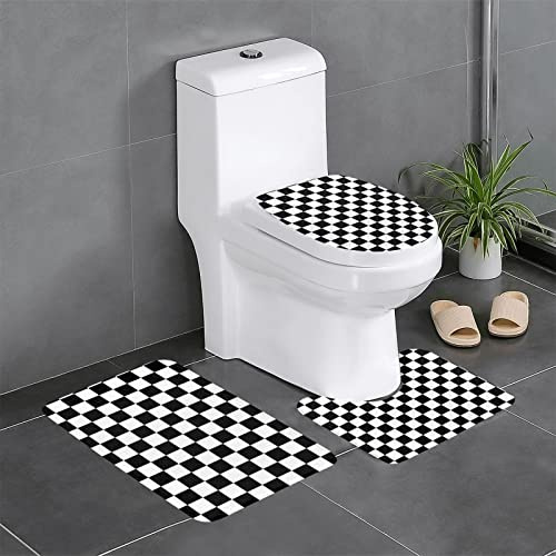 Schwarz-weiß kariertes bedrucktes Herbst-Badezimmerteppich-Set 3-teilig mit WC-Bezug, weich, rutschfest, saugfähig, Flanell, WC-Vorleger für Badezimmer, Teppiche, Set für Küche, Schlafzimmer