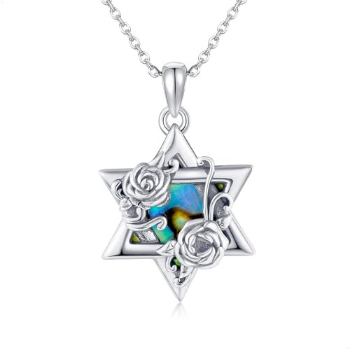 Jüdischer Davidstern Kette Silber 925 Abalone Muschel Rose Davidstern Anhänger Halsketten Jüdischer Christlicher Religiöser Davidstern Schmuck Schutz Amulett Geschenke für Damen Frauen Mädchen