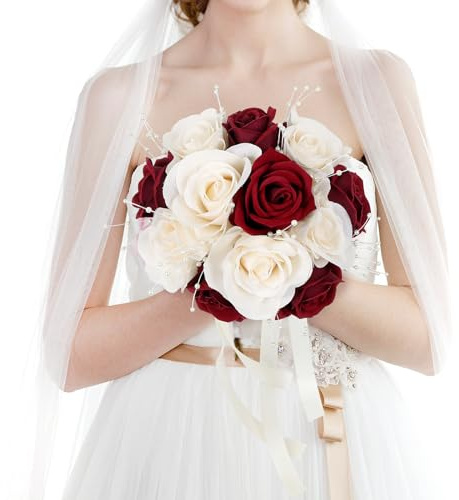 HOMENERGY Wedding Bouquets for Bride - Artificial Bridal Flowers Bouquet with Fake Peals Pre-Made Fake Rose Bridesmaid Bouquet for Wedding Centerpieces Decorations - Champagne White and Burgundy