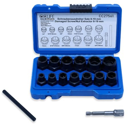 CCLIFE Spezial Steckschlüssel, Schraubenausdreher Set 3/8, 15tlg | Linksausdreher Stecknüsse, Cr-Mo, 8-19 mm Muttern Entferner,Turbonüsse, für Beschädigte, Verrostete Schrauben & Muttern
