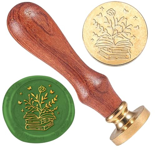 DELORIGIN Buch Blumen Wachssiegelstempel Hochzeitseinladungen Geprägter Stempel Versiegelung 25 mm Messing Wachssiegel Stempelkopf Mit Griff Für Umschläge Geschenkverpackungen Dekoration Basteln