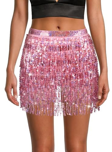 OFFCUP Paljettkjol, magdanskjol, kostym rave minikjolar, tofskjol för prestandakostymer för kvinnor och flickor magdans, zumba eller yogaklass, festivaldansshow, Rosa, S