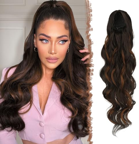 FESHFEN Pferdeschwanz Haarteil Haarverlängerung mit Kordelzug Pferdeschwanz Verlängerung Synthetik Wellig Locken Haarteil Ponytail Extension für Frauen 60cm, Dunkelbraun & Auburn