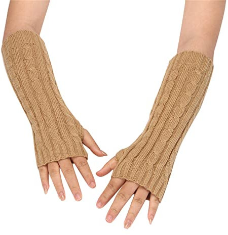 Generisch gestrickter winddichte warme verdickte Finger-Plus-Handschuhe Dünne Baumwollhandschuhe Ohne Finger (Khaki, One Size)