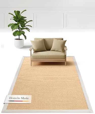 carpetfine Sisalteppich Naturfarbe 160x230 cm handgewebt mit Bordüre aus Baumwolle in Taupe | Moderner Rutschfester Flachgewebeteppich Uni aus Naturfasern für Wohnzimmer, Schlafzimmer